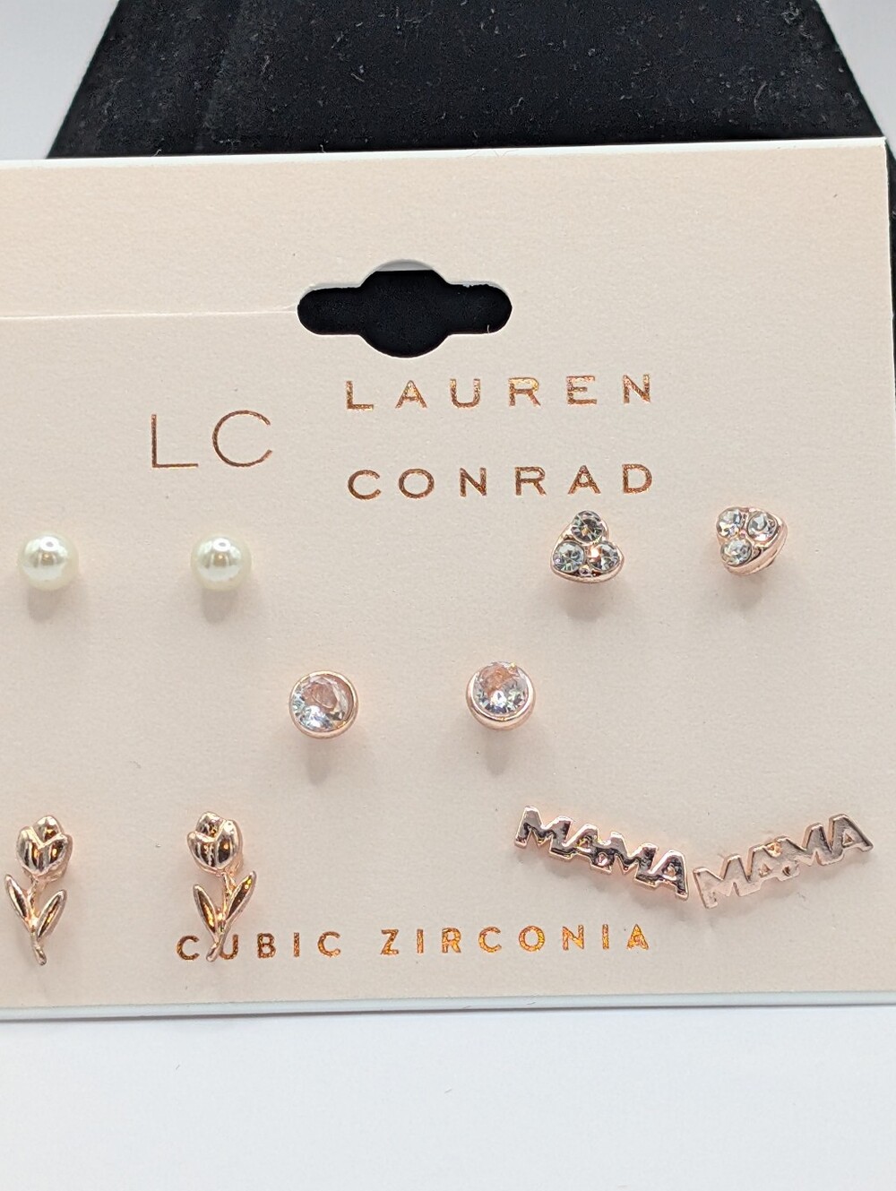 LC Lauren Conrad Rose Gold and Pearl Earring Set - CZ Accents - 5 Pairs